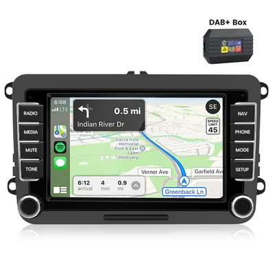 Obrázok produktu pre Carplay 2+32GB, kompatibilné s modelmi VW Golf 5, 6, Passat B6, B7, Touran, Tiguan, Škoda Fabia, Seat Jetta. Obsahuje funkcie SWC (ovládanie z volantu), DAB+, WIFI, RDS, Android 14 a GPS navigáciu