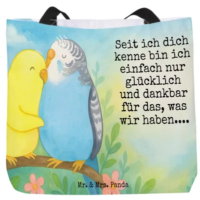 Produktbild von Mr. & Mrs. Panda Tote Bag Wellensittich Liebe Design - Weiß - Geschenk, Strandtasche, Einkaufstasche, Liebesgeschenk, Laptoptasche, Verknallt, Kuscheln, Tasche, Beutel