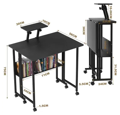 Image de Table pliante portable - Bureau informatique sur roulettes - Avec espace de rangement - Tiroir pour clavier - Idéal pour les petits espaces - Plateau rectangulaire - Noir