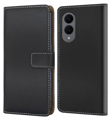 A black flip-style phone case is shown open, revealing the inside of the case and the phone it protects.