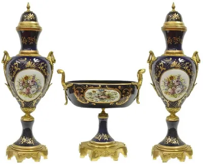 Produktbild von Casa Padrino Barock Keramik Vasen Set mit Schale Dunkelblau / Mehrfarbig / Gold - Deko Accessoires im Barockstil - Edel & Prunkvoll