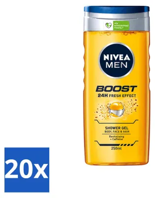 Zdjęcie produktu dla 20 sztuk żelu pod prysznic NIVEA MEN Boost - 250 ml - zestaw ekonomiczny