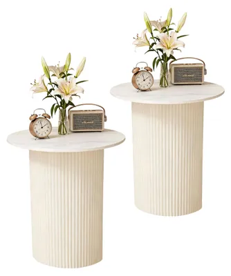 2er-Set runde Beistelltische, Marmorplatte, Metall, 45 cm, beige