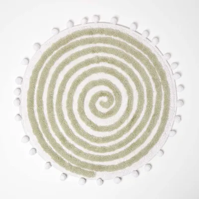 Image de Tapis de bain rond avec motif matelassé en spirale et pompons, 60 cm, vert et blanc, en coton