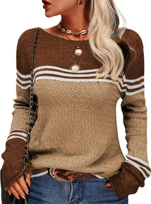 Produktbild von AKSA Damen Strickpullover Pullover Herbst Winter Langer Oversize Pulli Sweater Langarm Duenne Elegant Rundhals Sweatshirt Casual Winterpullover,Khaki,L