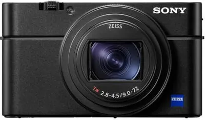 A close-up studio shot of a black Sony compact camera.