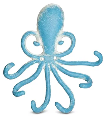 Produktbild von Relaxdays Wandhaken Oktopus, 6 Garderobenhaken, Gusseisen, HBT 16,5 x 15,5 x 4 cm, antiker Schlüsselhaken, hellblau/weiß