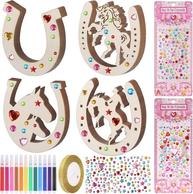 Produktbild von Holz-Hufeisen, Holzscheiben, für Kindergeburtstage, mit Aquarellstift, Glitzerband und Aufkleber, Bastelmaterial für Kindergeburtstage, Geburtstagsdekoration
