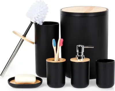 Produktbild von Badezimmer-Set: Becher, Toilettenbürste, Abfalleimer, Seifenspender, Ständer