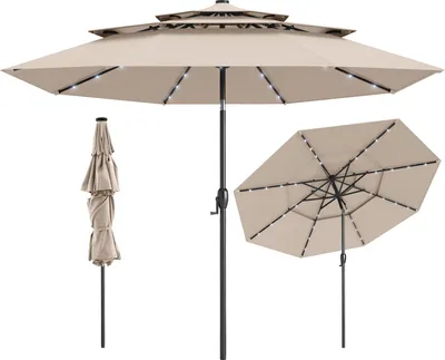 Produktbild von COSTWAY 300cm Sonnenschirm mit LED-Solar-Beleuchtung & Kurbel, Gartenschirm um 35° knickbar, Terrassenschirm, Marktschirm, Beige