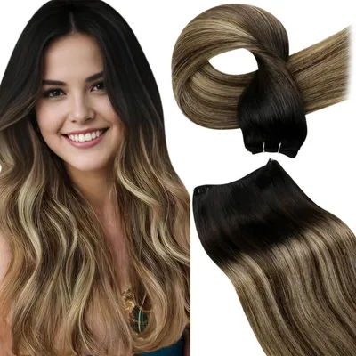Obrázek produktu pro Prodlužování vlasů, přírodní vlasy, prameny, ombre, černá, tmavě hnědá, světle blond, 60 cm, 100 g