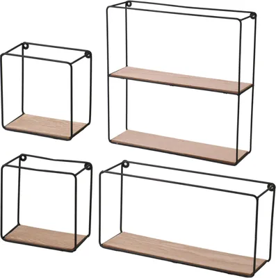 Four wall shelves of different sizes, made of black metal frames and wooden shelves, are displayed against a white background.