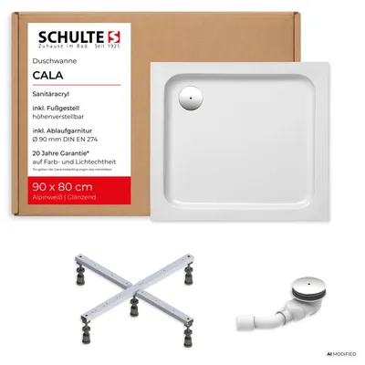 Immagine prodotto di Piatto doccia Schulte 100x80 cm, bianco, modello Cala - Set completo con telaio e gruppo di scarico