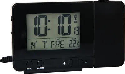 A black digital alarm clock with a projection feature is shown against a black background.