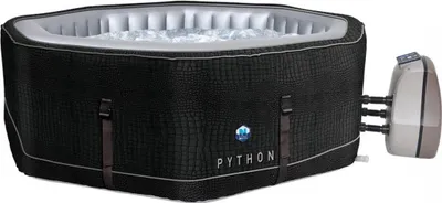 An inflatable hot tub with a control unit attached.