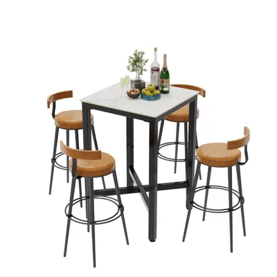 A bar table with four stools on a white background.