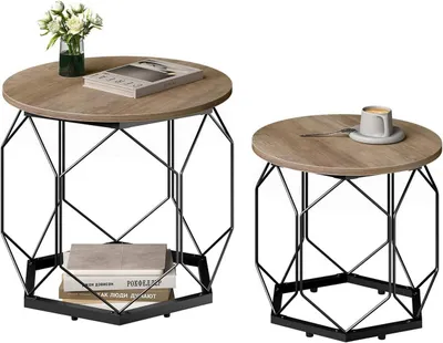 Produktbild von WOLTU Couchtisch 2er Set, mit runder Tischplatte, aus Holzwerkstoff Metall, Holzoptik, Graue Holzoptik