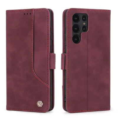 Obrázek produktu pro RetroPolyuretankožené pouzdro pro Samsung Galaxy S22 Ultra 5G peněženkový design pouzdro s držákem na karty a stojánkem červené