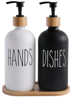 Produktbild von Seifenspender-Set aus Glas, 475 ml, schwarz-weißes Seifenspender-Badezimmer-Set mit Ablage, Shampoo-, Lotion- und Handseifenspender für die Arbeitsplatte.