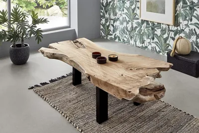 Produktbild von Couchtisch Ibiza, Beistelltisch aus Baumwurzelholz, Teakholz massiv + Natur, Sofatisch mit Metallbeinen schwarz, 110 x 60 x 40 cm