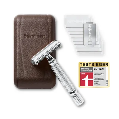 Image de Rasoir de sécurité Störtebekker « Hamburg » argenté - Kit de rasoir de sécurité pour homme - avec 10 lames de rasoir et un étui en cuir