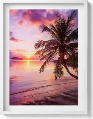 Produktbild von Palme am Strand bei Sonnenuntergang– Wandbild mit Rahmen – Gerahmtes Bild  – Wanddekoration – 60x80 cm –  Weiß Rahmen