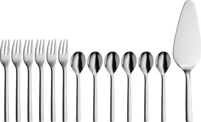Produktbild von WMF Nuova Obst-/ Kuchenbesteck Set 13-teilig, für 6 Personen Tee-/ Kaffeelöffel Kuchengabel Tortenheber Cromargan Edelstahl poliert, glänzend, spülmaschinengeeignet