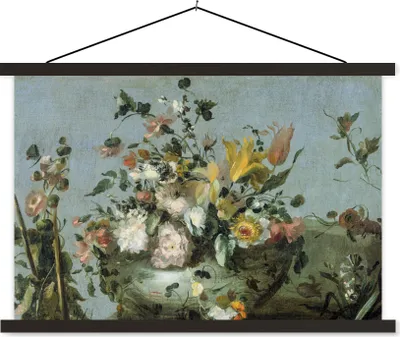 Produktbild von MuchoWow® Textilposter Blumen - Alte Meister - Ölfarbe 120x80 cm mit schwarzem Rahmen - Wanddeko