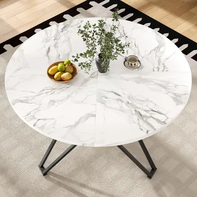 Produktbild von Esstisch-Set (5-teilig),mit 4 Stühlen,Modernes Küchen-Esstisch-Set,Runder Küchentisch,Metallbeine,MDF-Marmor-Tischplatte,Samt-Esszimmerstühle