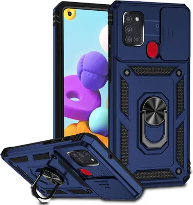 Produktbild von Galaxy A21S Hülle mit Schiebe Kamera Schutz und Ringhalter Ständer Robust Rüstung Schutzhülle für Samsung Galaxy A21S Blau