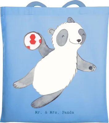 Produktbild von Mr. & Mrs. Panda Tote Bag Panda Handball spielen - Sky Blue - Geschenk, Verein, Jutebeutel, Tasche, Turnier, Uni, Shopping, Laptoptasche, Club