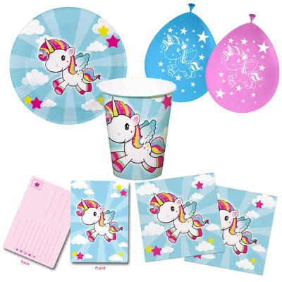 Produktbild von 52 teiliges Einhorn Party-Set inkl. Teller, Becher, Servietten, Einladungen und Ballons