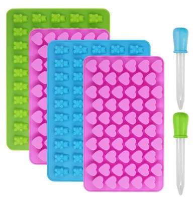 Produktbild von 4er-Pack Silikonformen für Süßigkeiten, Schokolade, Gelee und Eiswürfel: Gummibärchen, Herz-Bärenpfoten, Schokolade und Eiswürfel. Inklusive 2 Pipetten. BPA-frei.