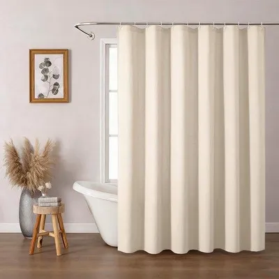 Zdjęcie produktu dla Wodoodporny zasłona prysznicowa Unyqoos® z tkaniny, 180 x 200 cm, imitacja lnu, poliester, beżowa – zawiera 12 oczek, można prać w pralce