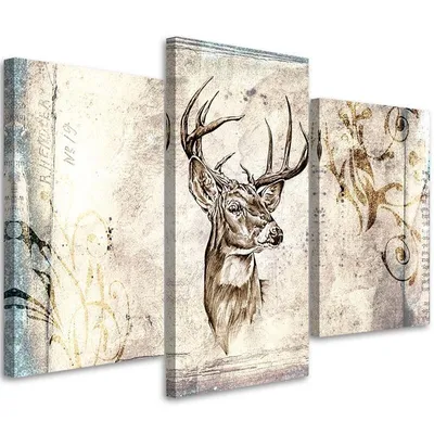 Produktbild von Triptychon auf leinwand hirsch als handgemälde 120x80 cm Feeby beige wandbild bereit zum aufhängen