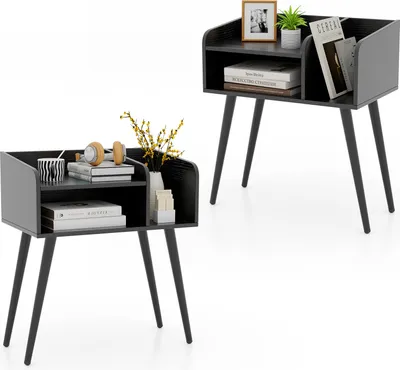 Immagine prodotto di Set di 2 comodini COSTWAY Comodino con vano a giorno, gambe di sostegno in metallo, console da letto, tavolo da divano 50x32x58cm nero