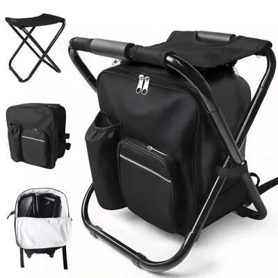 Produktbild von Rucksackstuhl Kühlrucksack faltbar 3in1 Campingstuhl mit Isolierfach 15L bis 100kg Outdoor Sitz für Angeln Camping Picknick Schwarz