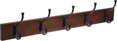 Productafbeelding van Wandkapstok met 5 haken - Kapstok hout - Rechthoekig - Dubbele metalen haken - Licht walnoot