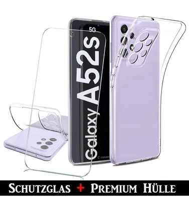 A clear protective case and screen protector for a Samsung Galaxy A52s 5G phone are displayed.