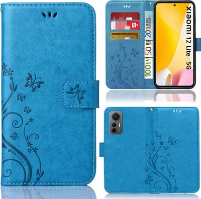 A collage of images showing a blue flip phone case with a floral and butterfly design, including views of the case open with credit cards and cash, and the back of the case with the phone inserted.
