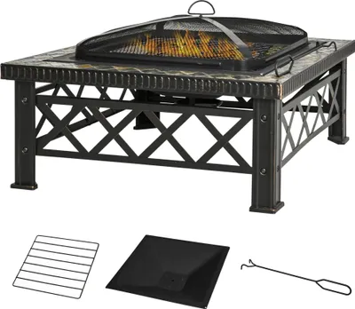 Produktbild von 3-in-1 Feuerschale Feuerkorb Feuerstelle mit Funkenschutz Grillrost Eiskübel Garten BBQ Schwarz 76cm x 76cm x 47cm