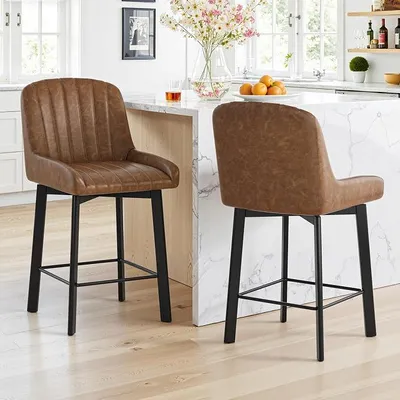 Produktbild von Barhocker 2er Set, 360° Drehbar Barstuhl, Stabiles Metallgestell, Kunstleder, Verstellbare Füße, Küchenstuhl mit lehne für Kücheninsel, Bartheke und Hausbar, Brauner Klassikton