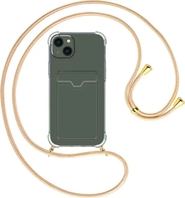 Produktbild von Handykette Backcover-Schutzhülle mit Band (Metall goldfarben) für Apple iPhone 15 Plus - Goldkordel