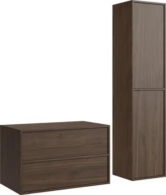Produktbild von Badezimmermöbel Waschbeckenunterschrank Mali 80 cm – Walnuss Braun –  Badezimmermöbel mit Hochschrank