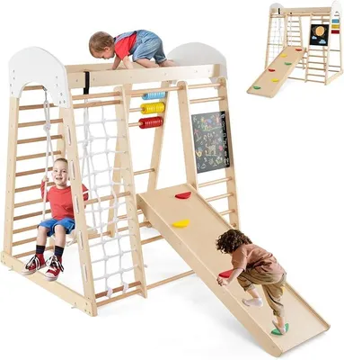 Imagen del producto de Estructura de escalada interior, parque infantil 7 en 1 con triángulo de escalada, columpio, escalera, red de escalada, pared de escalada, barras de mono, ábaco y pizarra, juguete de madera para escalar para niños a partir de 3 años (color natural)