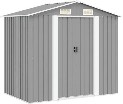 Imagen del producto de Caseta de jardín metálica de 204x132x186 cm, color gris, con 4 aberturas de ventilación. Caseta para herramientas de acero galvanizado con puertas correderas dobles y estructura de suelo de acero para un montaje sencillo