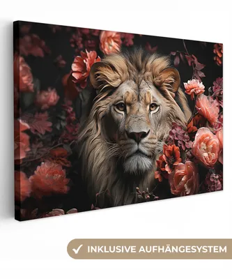 Produktbild von MuchoWow® - Leinwandbilder - Löwe - Tier - Natur - Botanisch - Blumen - Rosa, Wandbild, Wanddeko Bilder Wohnzimmer, 60x40 cm