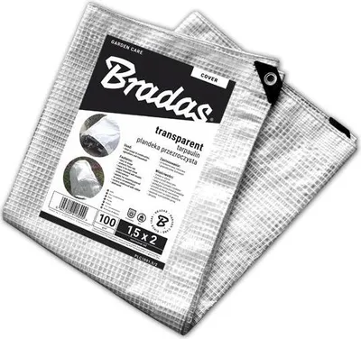 A folded transparent tarp with a label.