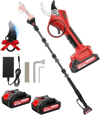 Image de Sécateur électrique avec manche de 2 mètres, diamètre de coupe de 40 mm, 2-en-1, fonctionne sur batterie. Batterie de 21 V, 2 batteries de 2000 mAh, autonomie de 6 à 10 heures, moteur sans balais de 800 W. Sécateur portable