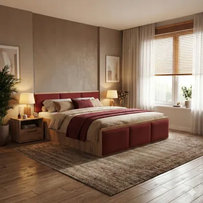 Produktbild von Komvortowy | Polsterbett 120x200 Cm | EICHE CRAFT GOLD | Doppelbett Mit Metall-Lattenrost & Gasdruckfeder |ROTES POLSTERPANEEL| Bettkasten Ohne Bodenplatte | Stauraumbett | Hochklappbar